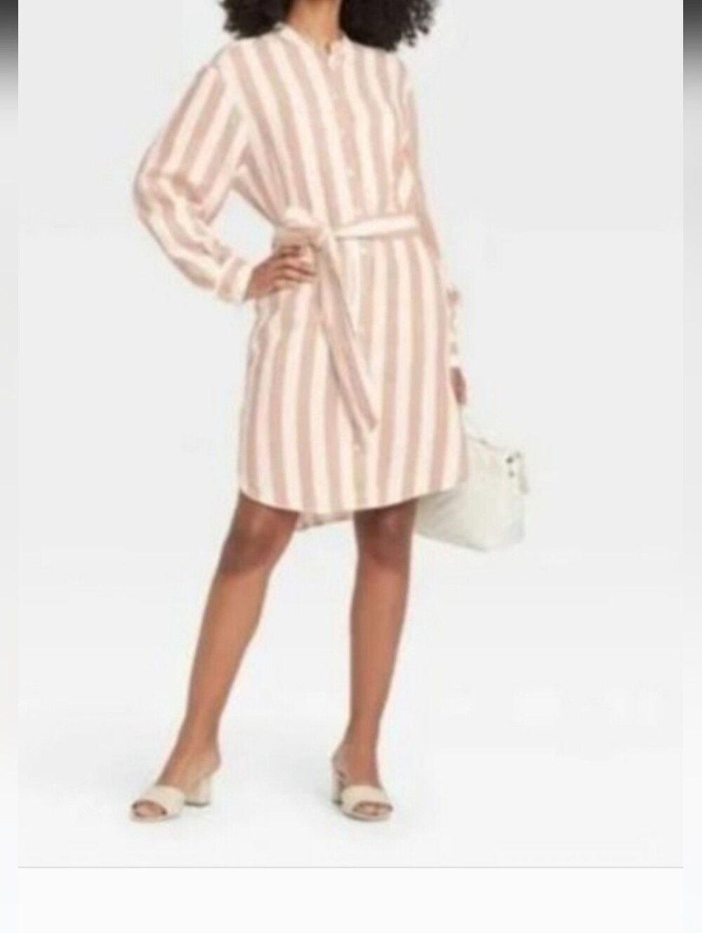 Striped Tie-Waist Shirt Dress in BlushBeige & White - Picture 2 of 4